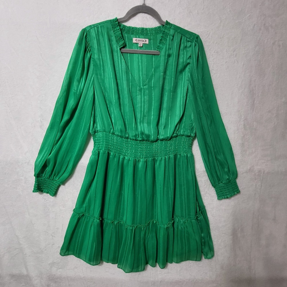 Nanette‎ Lepore Dress Size 16 Green Smocked Knee length Long Sleeve Fit Flare